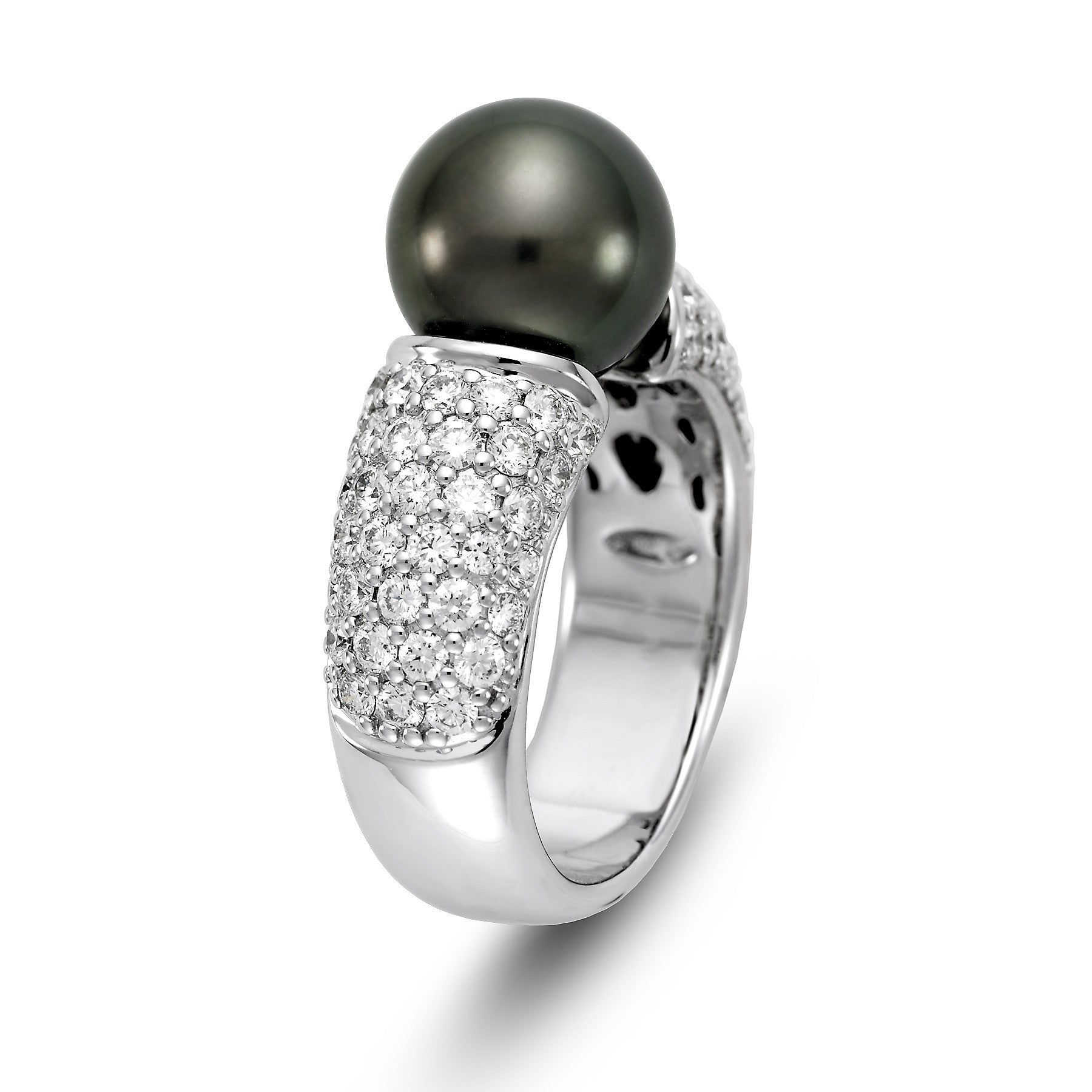 14K White Gold Black Tahitian Pearl and Pave Diamond Ring - Isaac Westman - 2