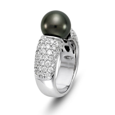 14K White Gold Black Tahitian Pearl and Pave Diamond Ring - Isaac Westman - 2 14K White Gold Black Tahitian Pearl and Pave Diamond Ring - Isaac Westman - 2