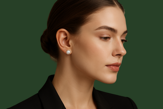 ISAAC WESTMAN Model wearing pearl stud earrings