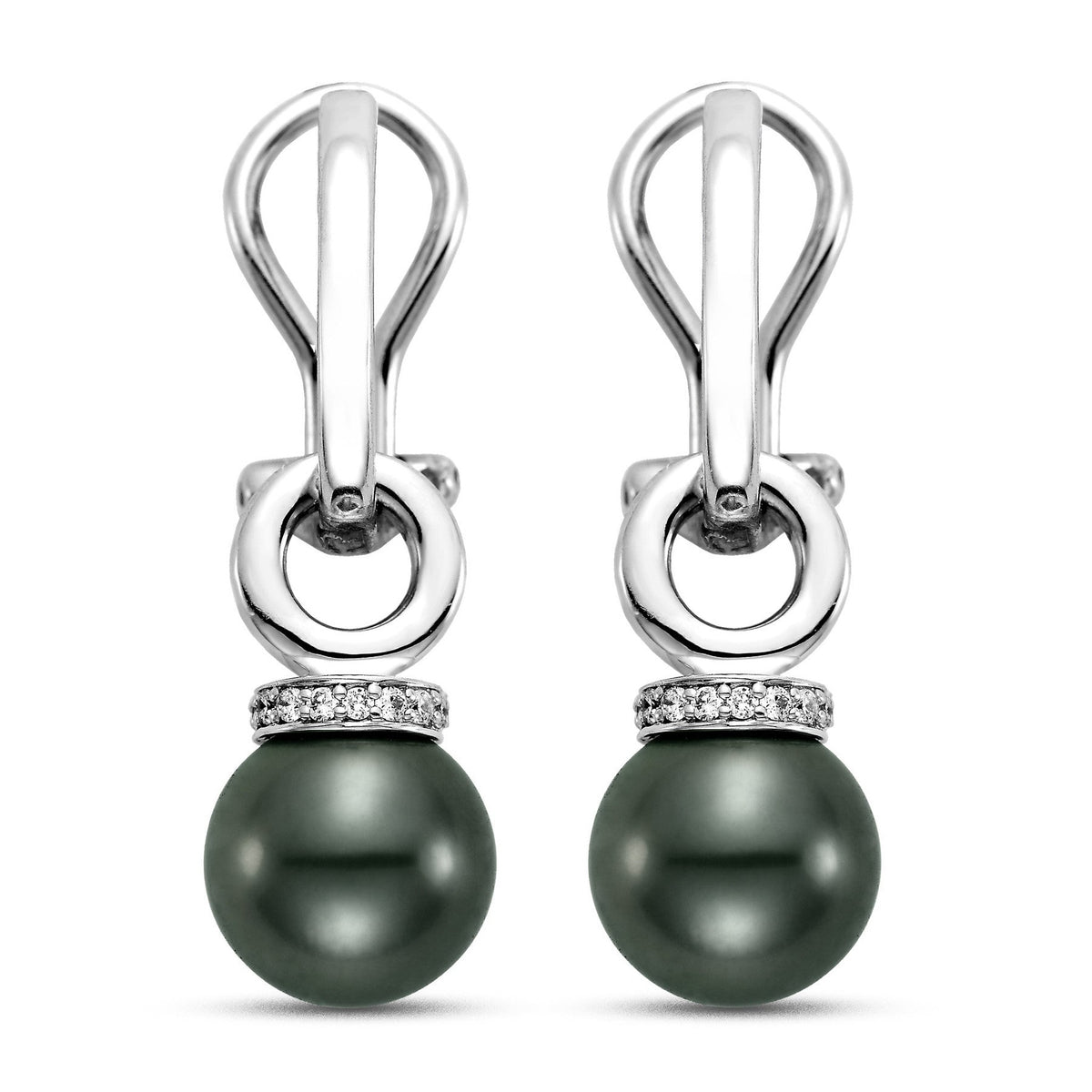 Black Tahitian Pearl earrings with 0.15 CTTW diamonds, featuring 10-11mm pearls and elegant jewelry design by ISAAC WESTMAN®.