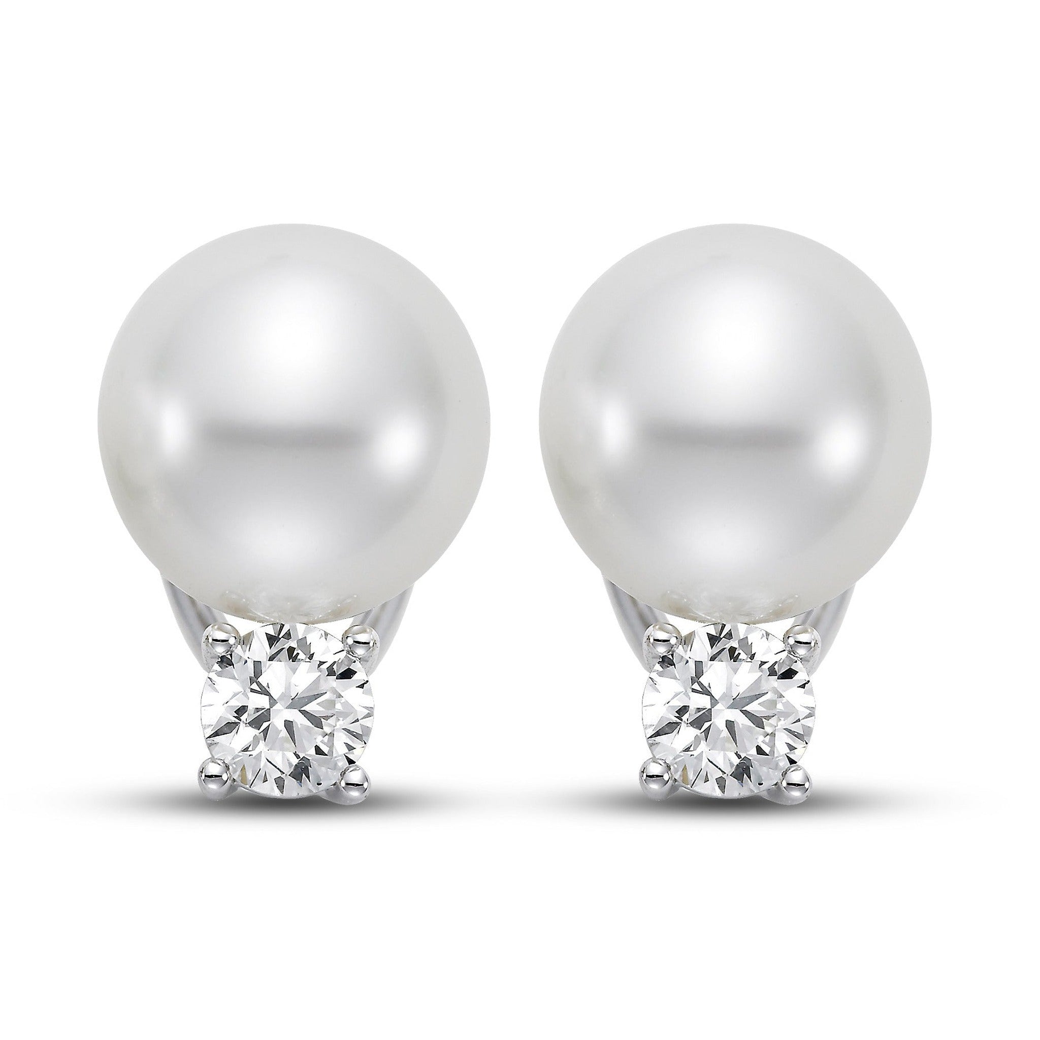 ISAAC WESTMAN® South Sea Pearl Earrings with 11mm white cultured pearls and 1.0 CTW diamonds, elegant jewelry for special occasions.