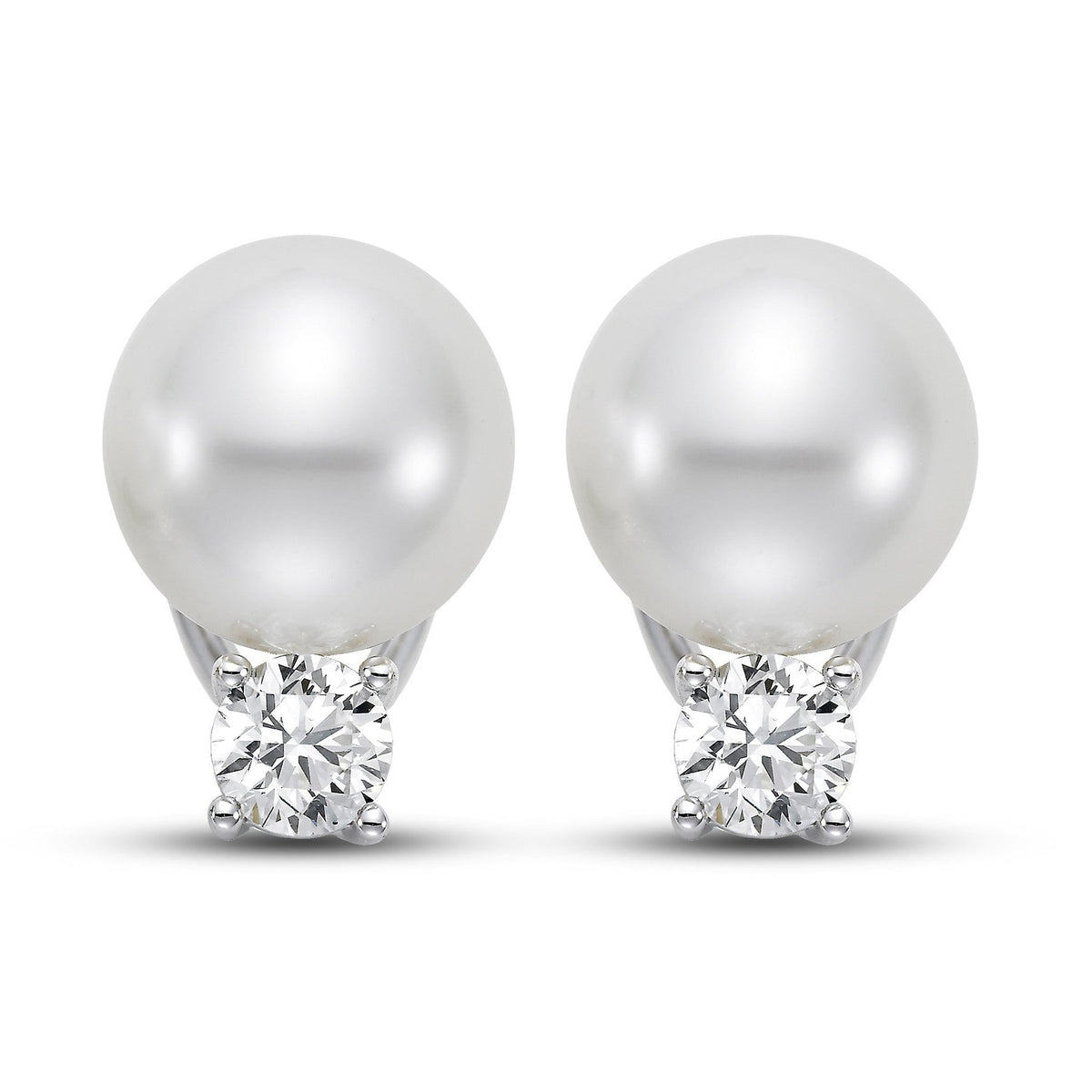 ISAAC WESTMAN® South Sea Pearl Earrings with 11mm white cultured pearls and 1.0 CTW diamonds, elegant jewelry for special occasions.