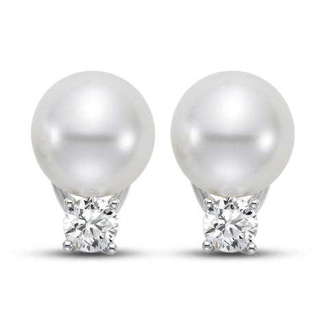 ISAAC WESTMAN® South Sea Pearl Earrings with 11mm white cultured pearls and 1.0 CTW diamonds, elegant jewelry for special occasions.