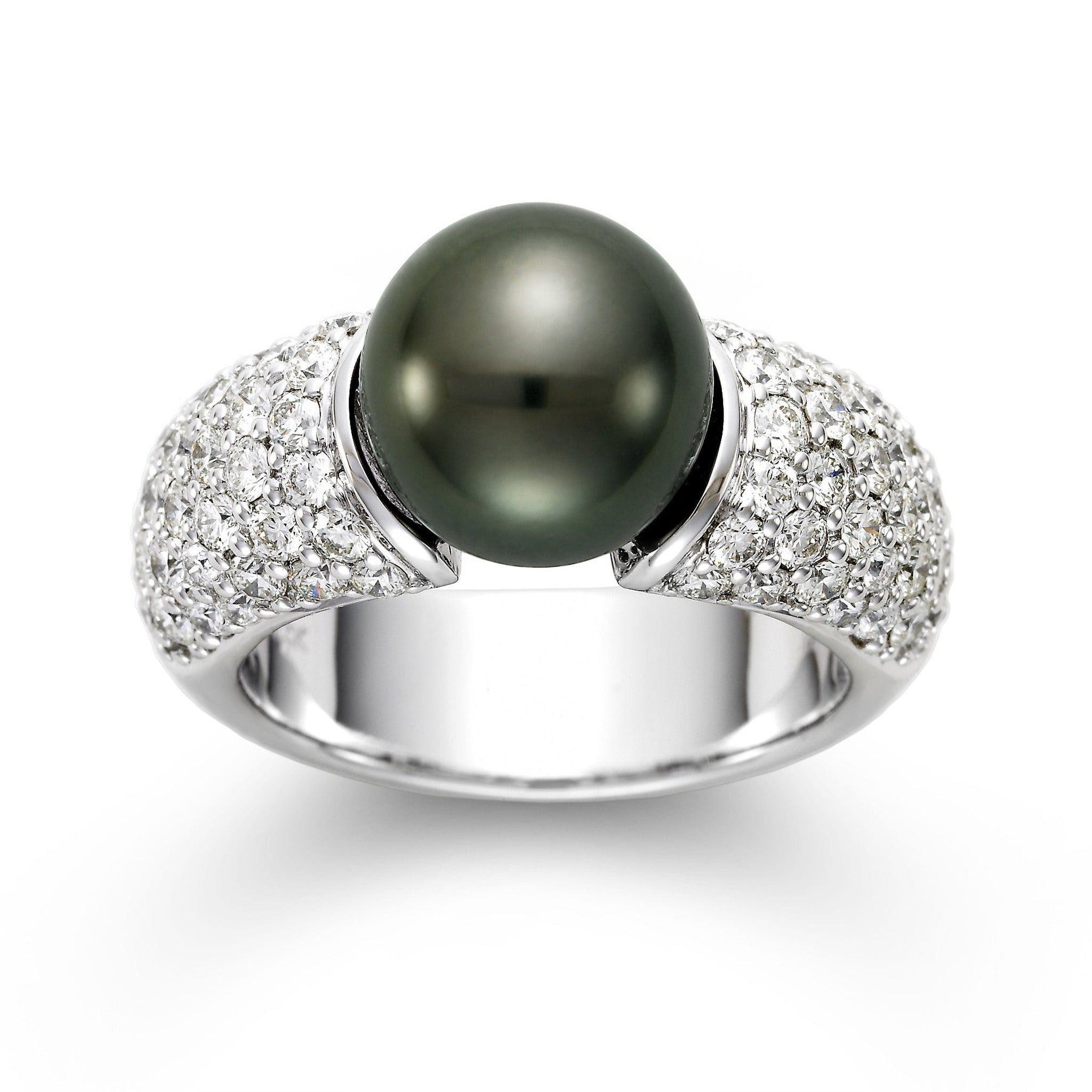 Tahitian Pearl and Pavé Diamond Ring in 14k white gold by ISAAC WESTMAN® featuring a black pearl and sparkling diamonds.