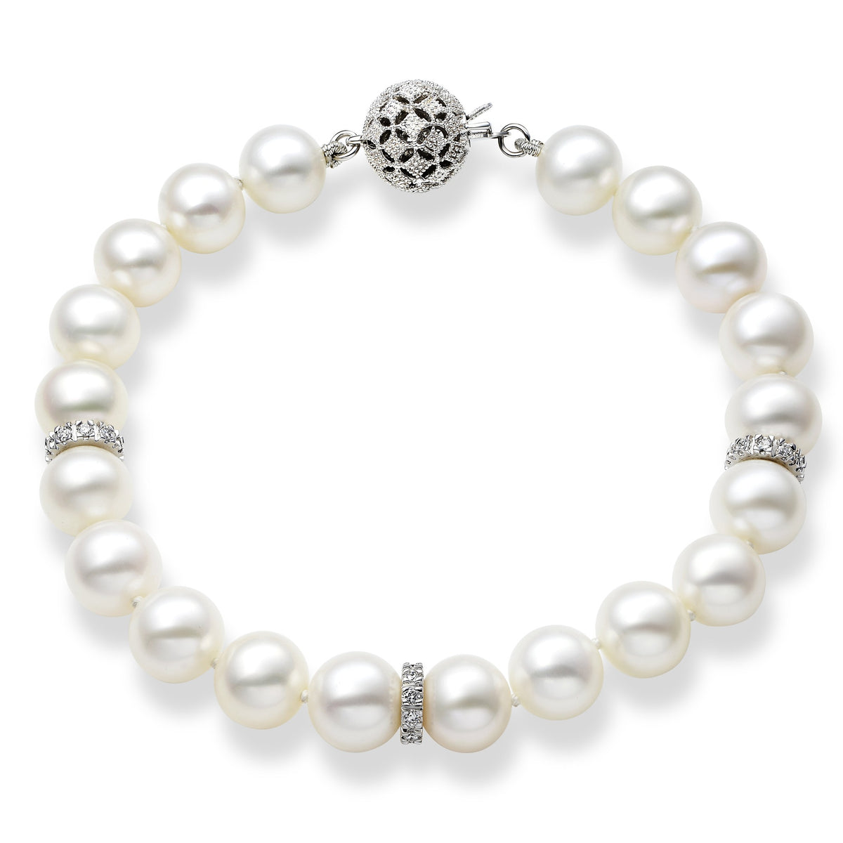 Elegant Isaac Westman® 14k white gold diamond and pearl bracelet showcasing sparkling diamonds and lustrous pearls.
