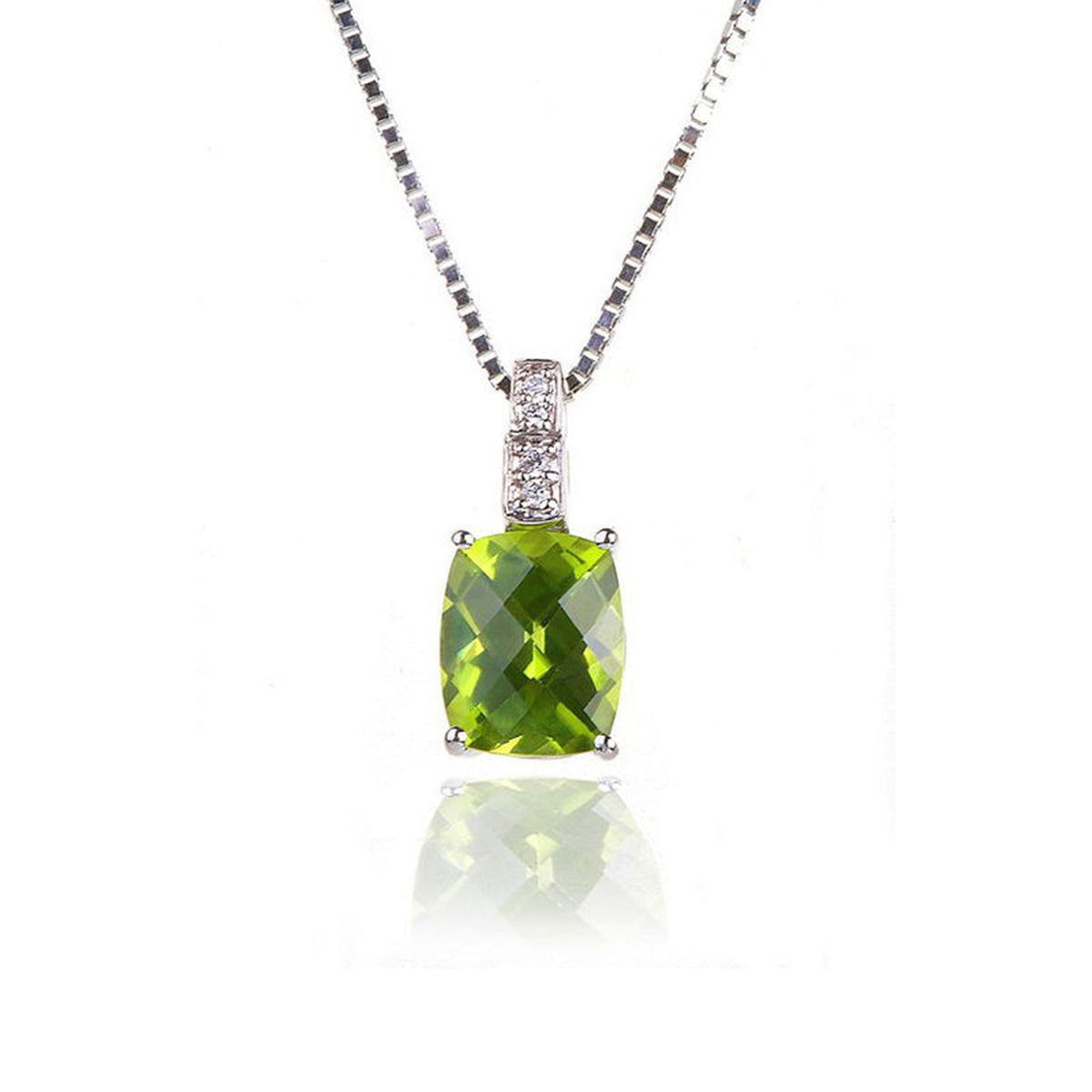 14k white gold peridot pendant with diamonds, showcasing a vibrant green gemstone and sparkling accents in a fine jewelry design.