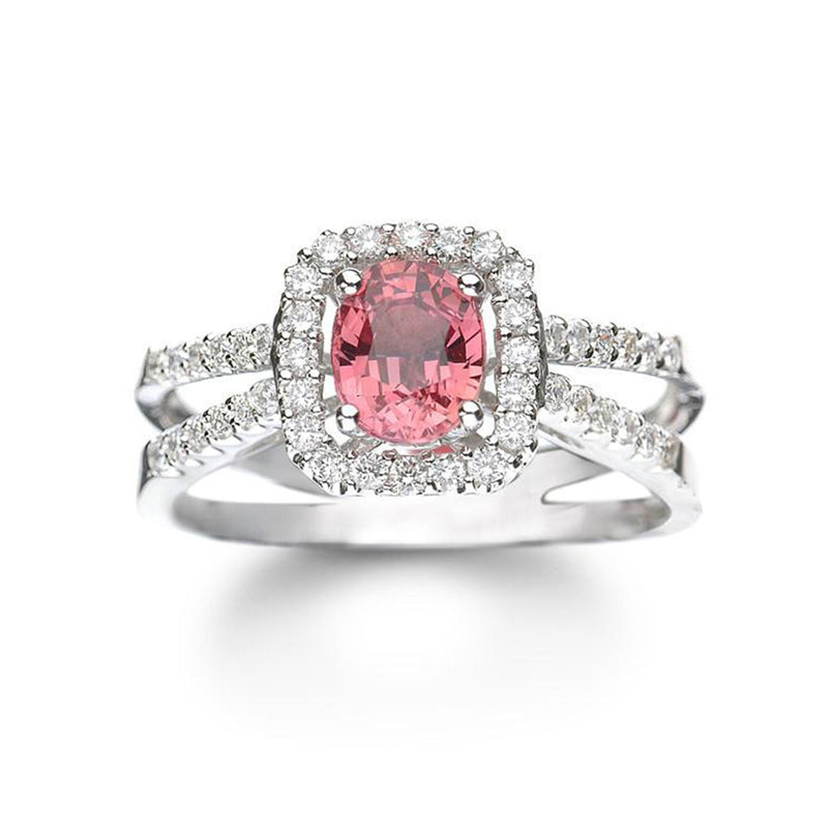 14k white gold pink sapphire and diamond ring by ISAAC WESTMAN®, featuring a vibrant pink sapphire centerpiece and sparkling diamonds.