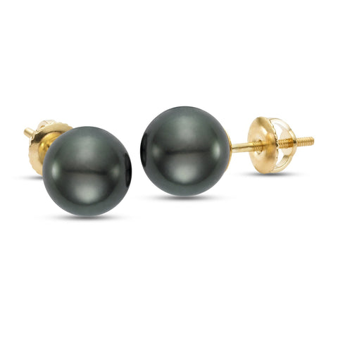 Black Tahitian Pearl stud earrings in 14k yellow gold by ISAAC WESTMAN®, featuring 10-11mm round pearls.