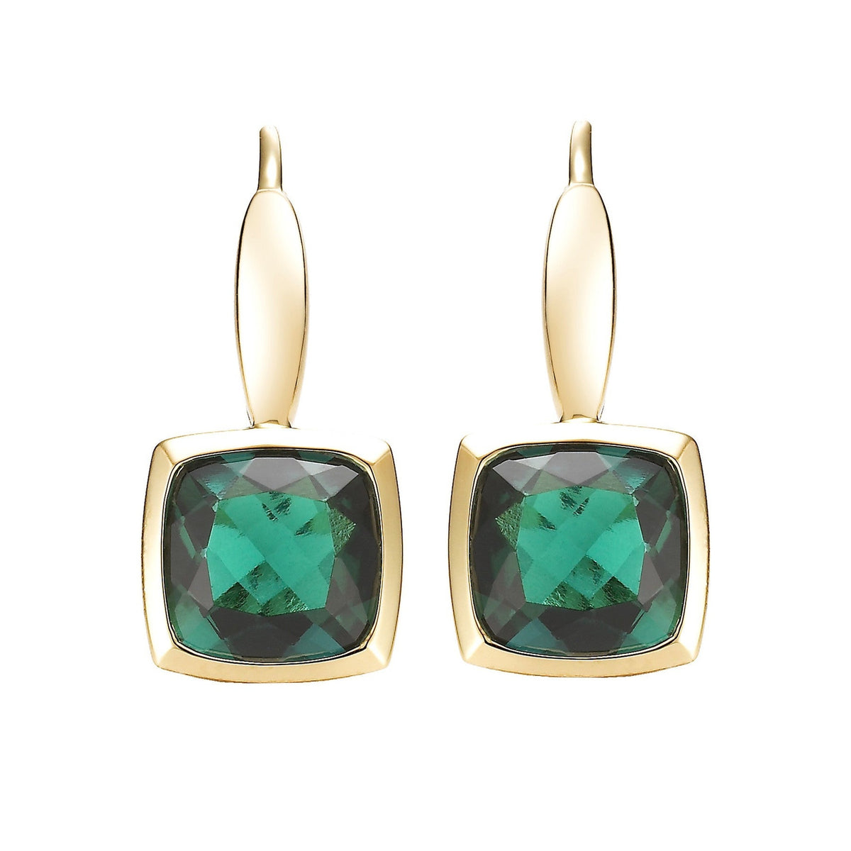 Gold bezel set emerald earrings by ISAAC WESTMAN® featuring vibrant green emeralds in 14k yellow gold.