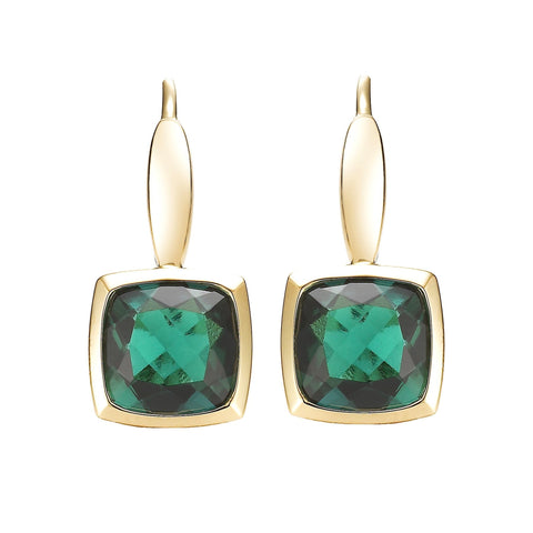 Gold bezel set emerald earrings by ISAAC WESTMAN® featuring vibrant green emeralds in 14k yellow gold.