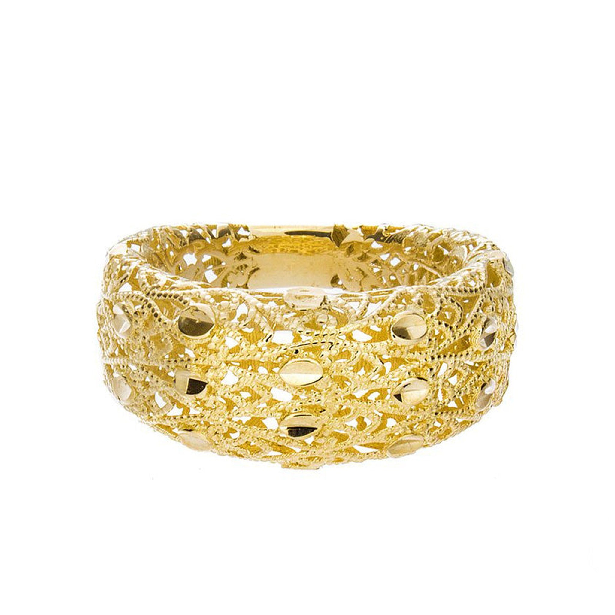Gold diamond cut ring in 14k yellow gold by Isaac Westman, featuring a delicate and intricate design.