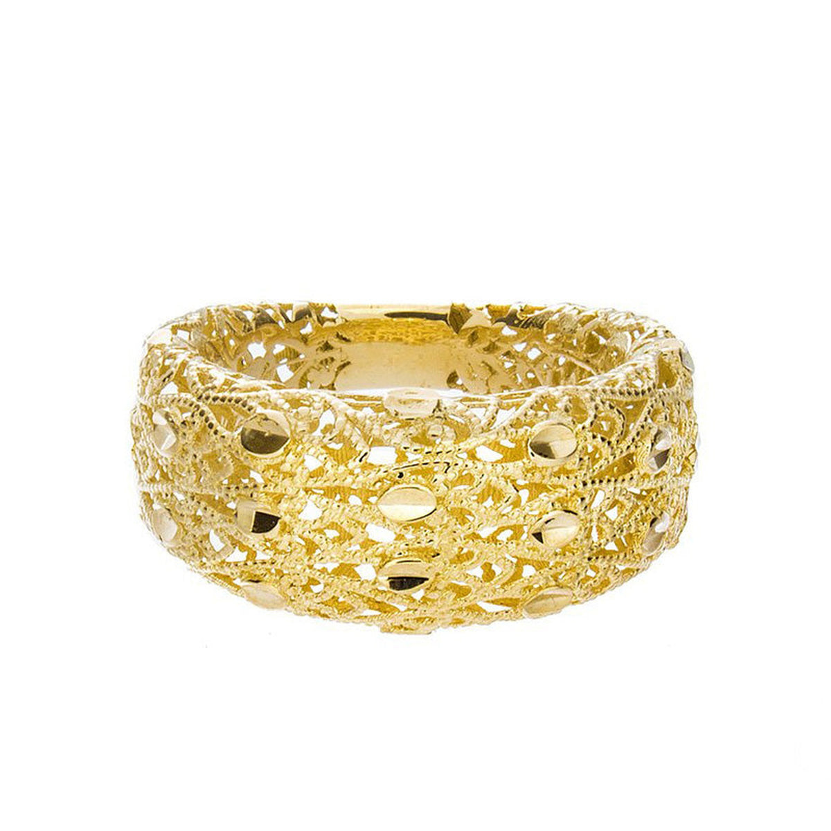 Gold diamond cut ring in 14k yellow gold by Isaac Westman, featuring a delicate and intricate design.