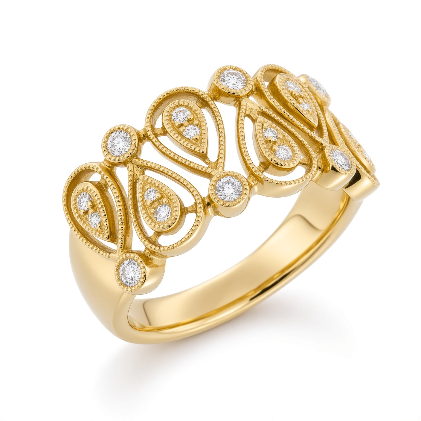 A yellow gold ring with an intricate filigree design set with small round diamonds, shown on a clean white background.
