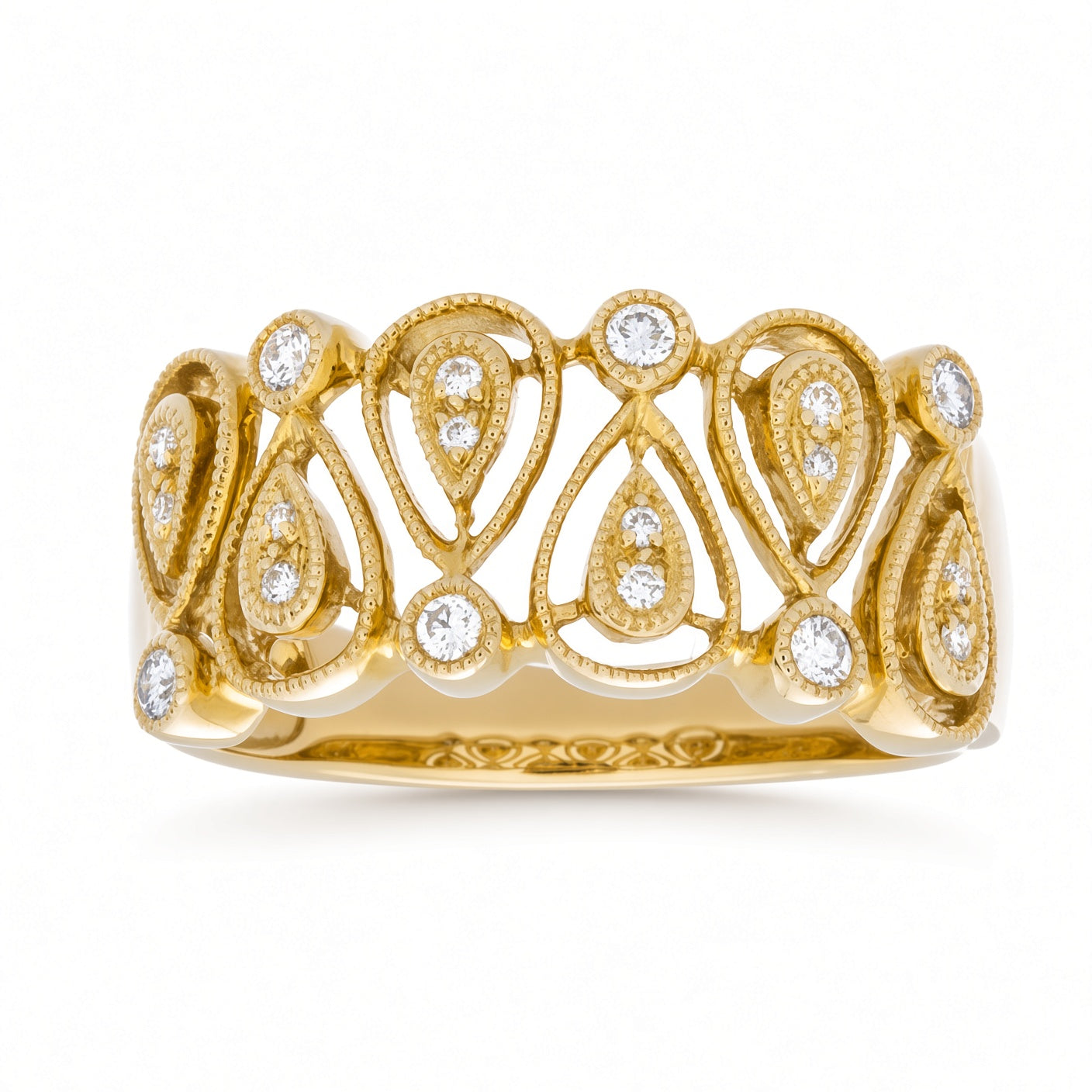 A yellow gold ring featuring an intricate filigree design with teardrop motifs and multiple round-cut diamonds, set against a plain white background.
