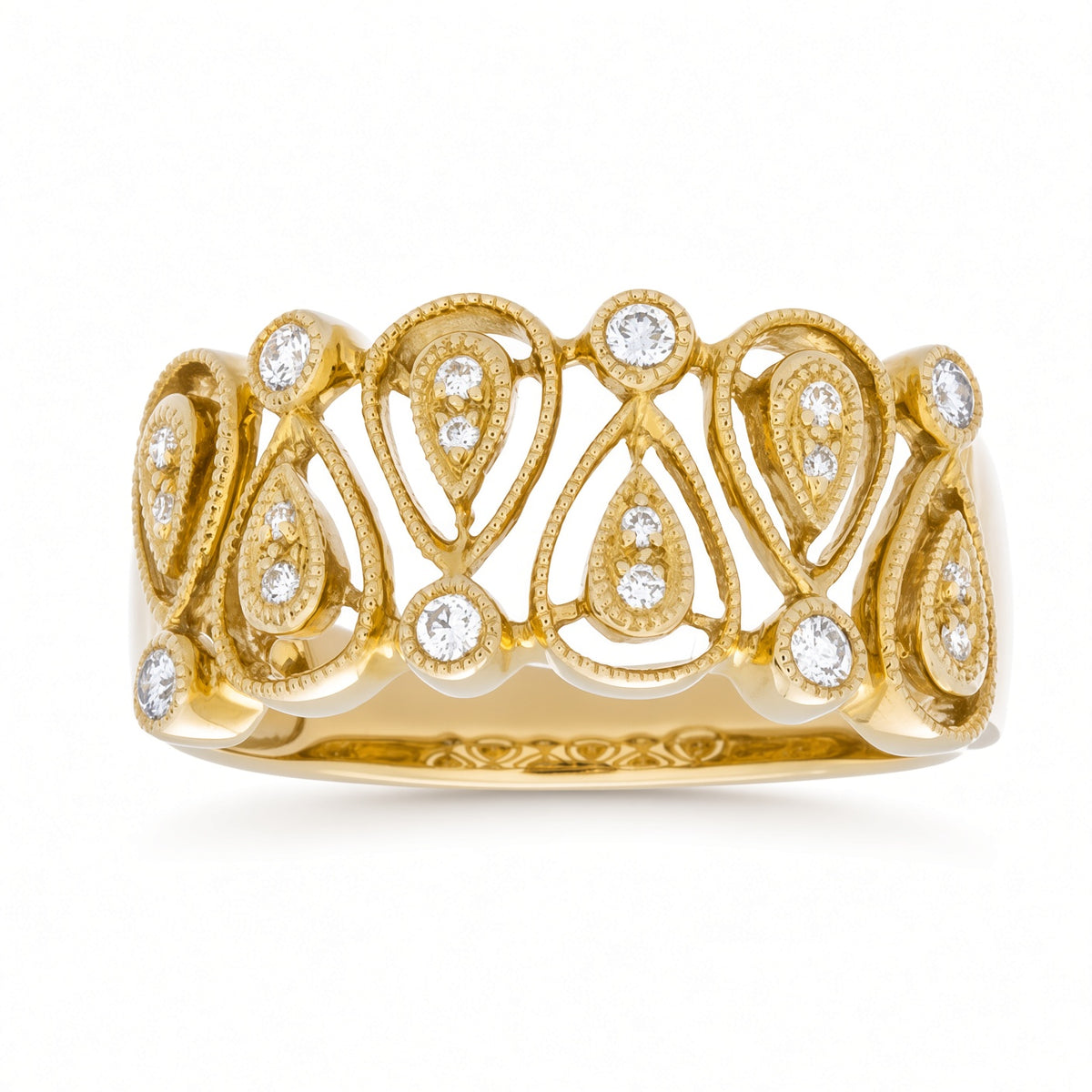 A yellow gold ring featuring an intricate filigree design with teardrop motifs and multiple round-cut diamonds, set against a plain white background.