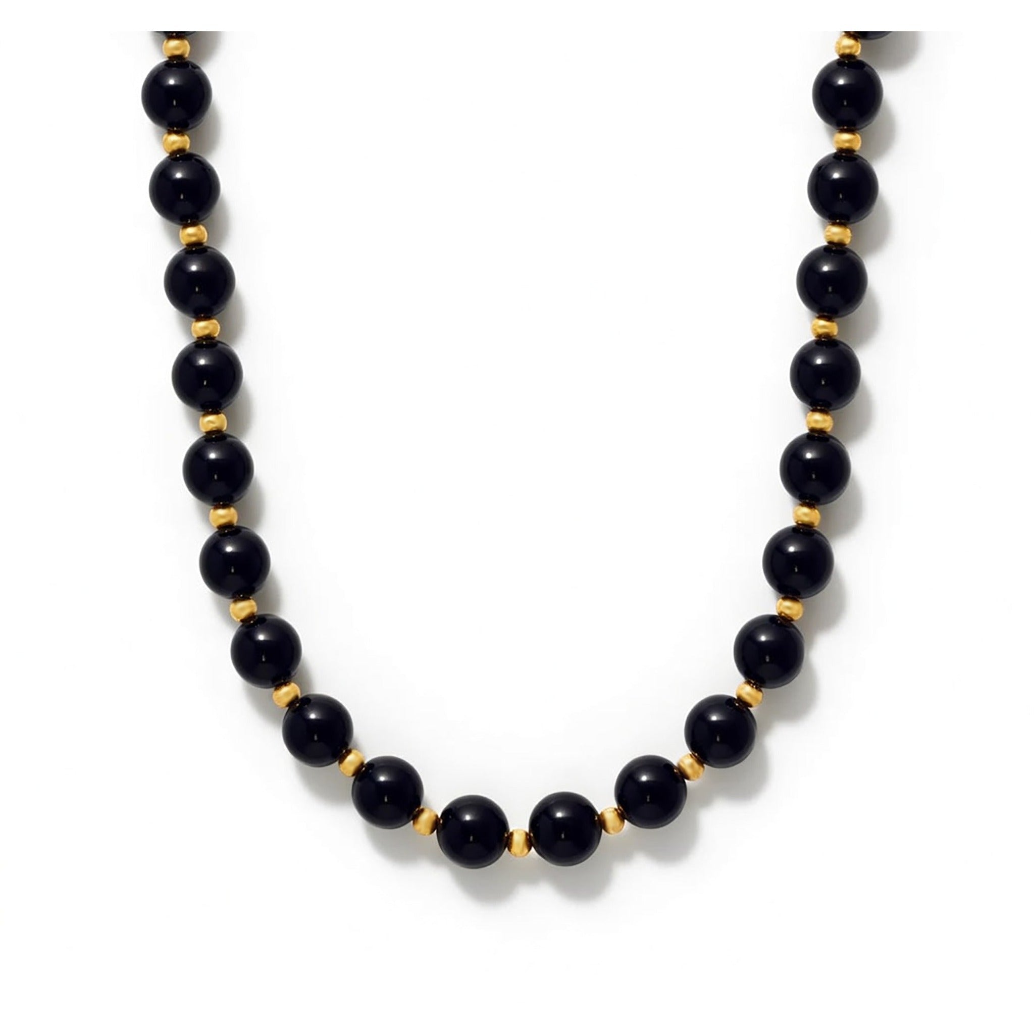 Elegant 8mm polished black onyx and 14K gold necklace by ISAAC WESTMAN® showcasing sleek, smooth beads on a delicate chain.