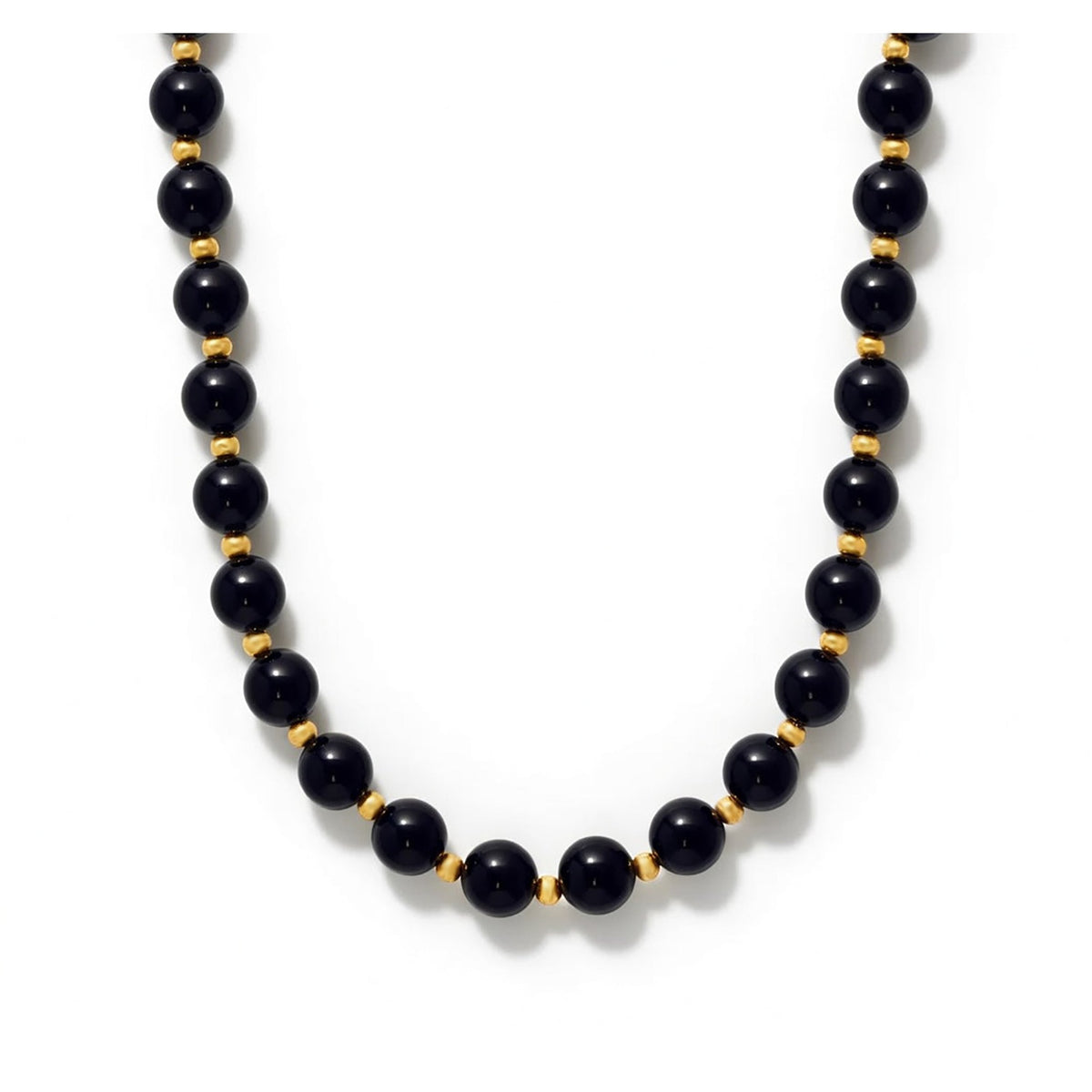 Elegant 8mm polished black onyx and 14K gold necklace by ISAAC WESTMAN® showcasing sleek, smooth beads on a delicate chain.