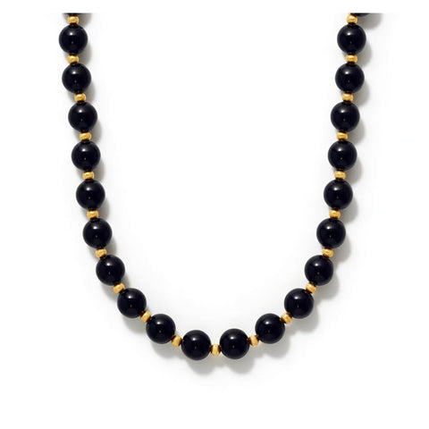 Elegant 8mm polished black onyx and 14K gold necklace by ISAAC WESTMAN® showcasing sleek, smooth beads on a delicate chain.