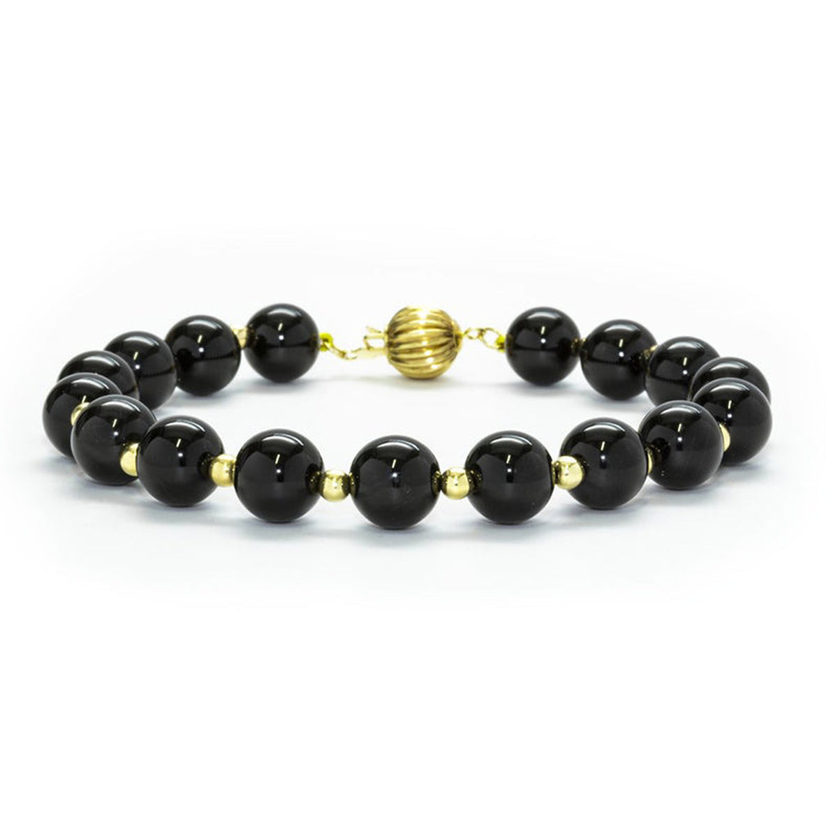 Polished 8mm black onyx and 14K yellow gold bracelet by ISAAC WESTMAN®, featuring smooth black onyx beads and gold accents.