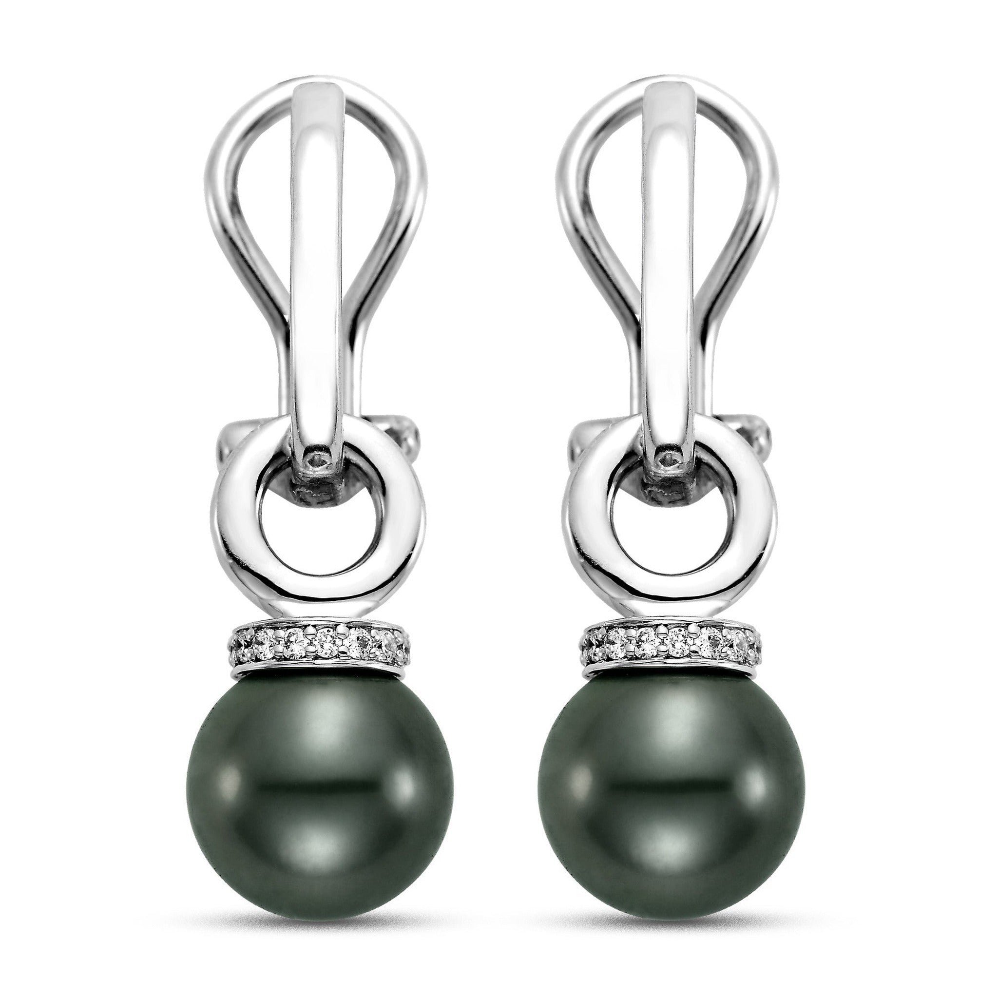 Black Tahitian pearl and diamond earrings by Isaac Westman featuring 9-10mm pearls and 0.15 carats total diamond weight.
