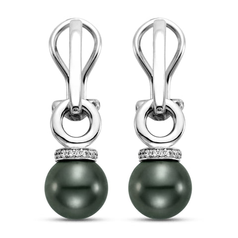 Black Tahitian pearl and diamond earrings by Isaac Westman featuring 9-10mm pearls and 0.15 carats total diamond weight.
