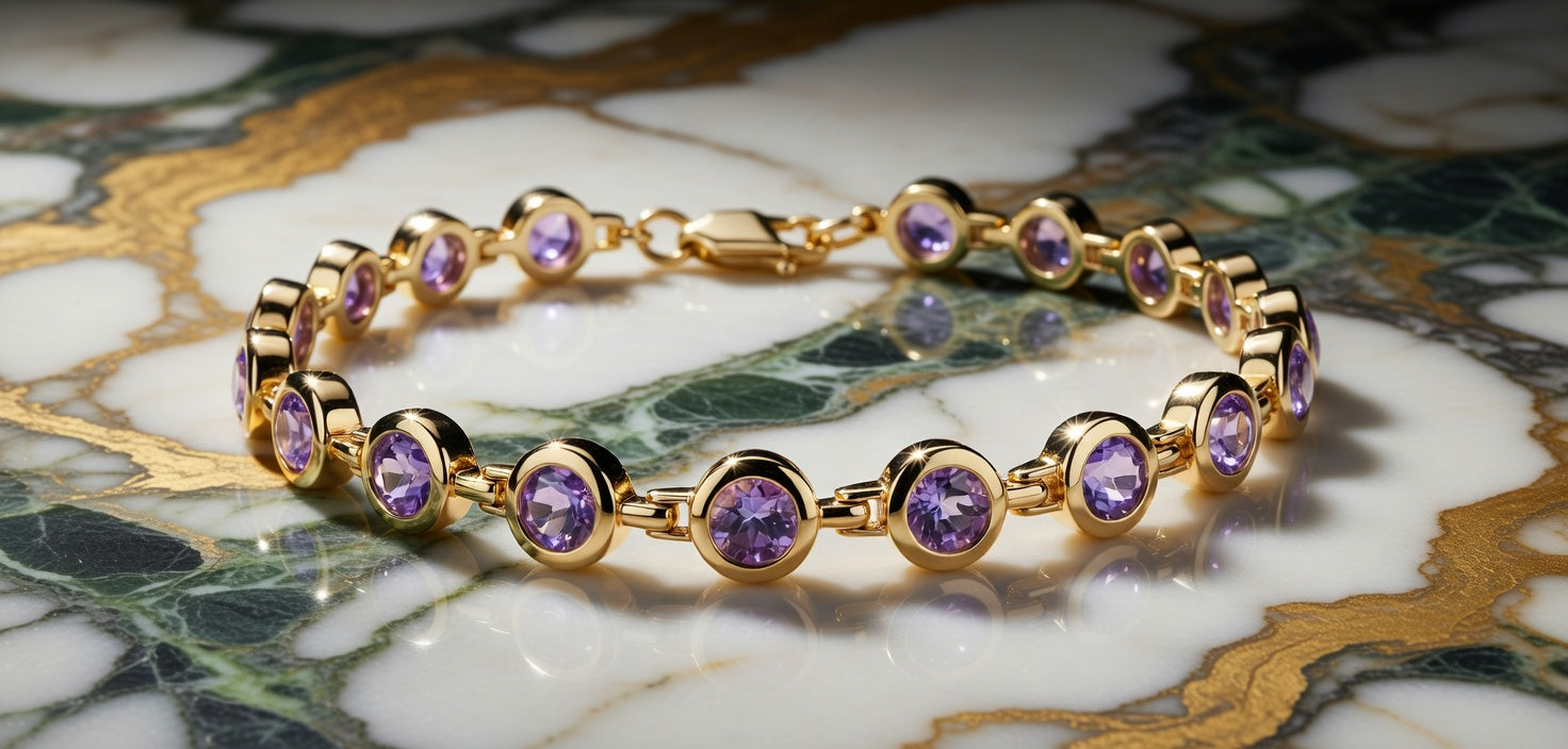 ISAAC WESTMAN® Luminance 14K yellow gold bracelet with a large purple amethyst gemstone, elegant and finely crafted jewelry piece.