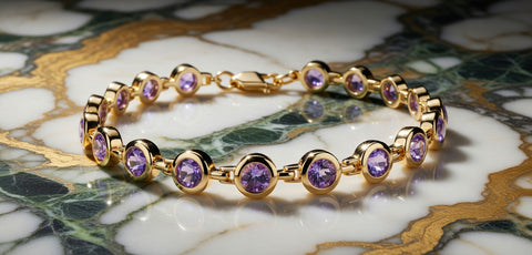 ISAAC WESTMAN® Luminance 14K yellow gold bracelet with a large purple amethyst gemstone, elegant and finely crafted jewelry piece.