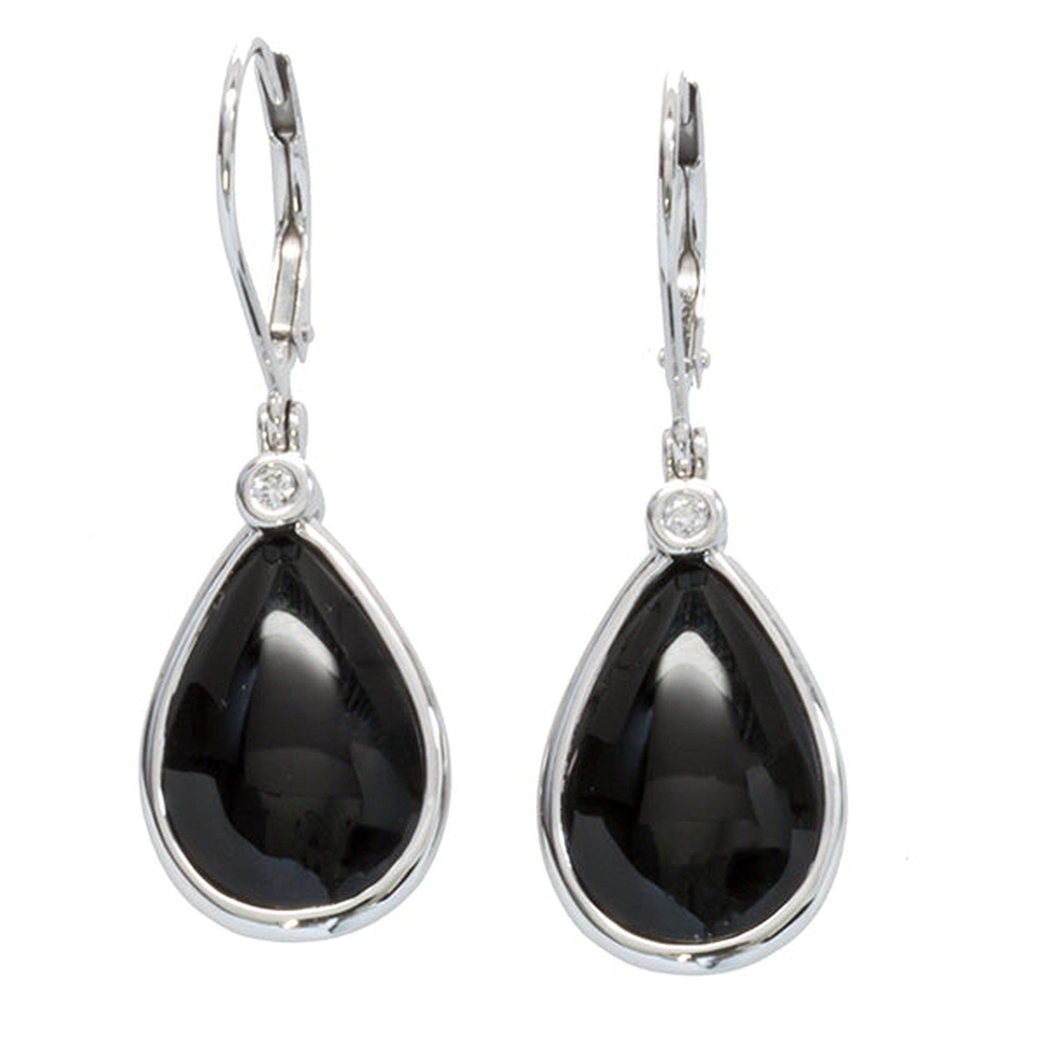 Black onyx teardrop earrings by ISAAC WESTMAN® featuring polished black gemstone dangles on silver hooks.