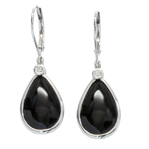 Black onyx teardrop earrings by ISAAC WESTMAN® featuring polished black gemstone dangles on silver hooks.
