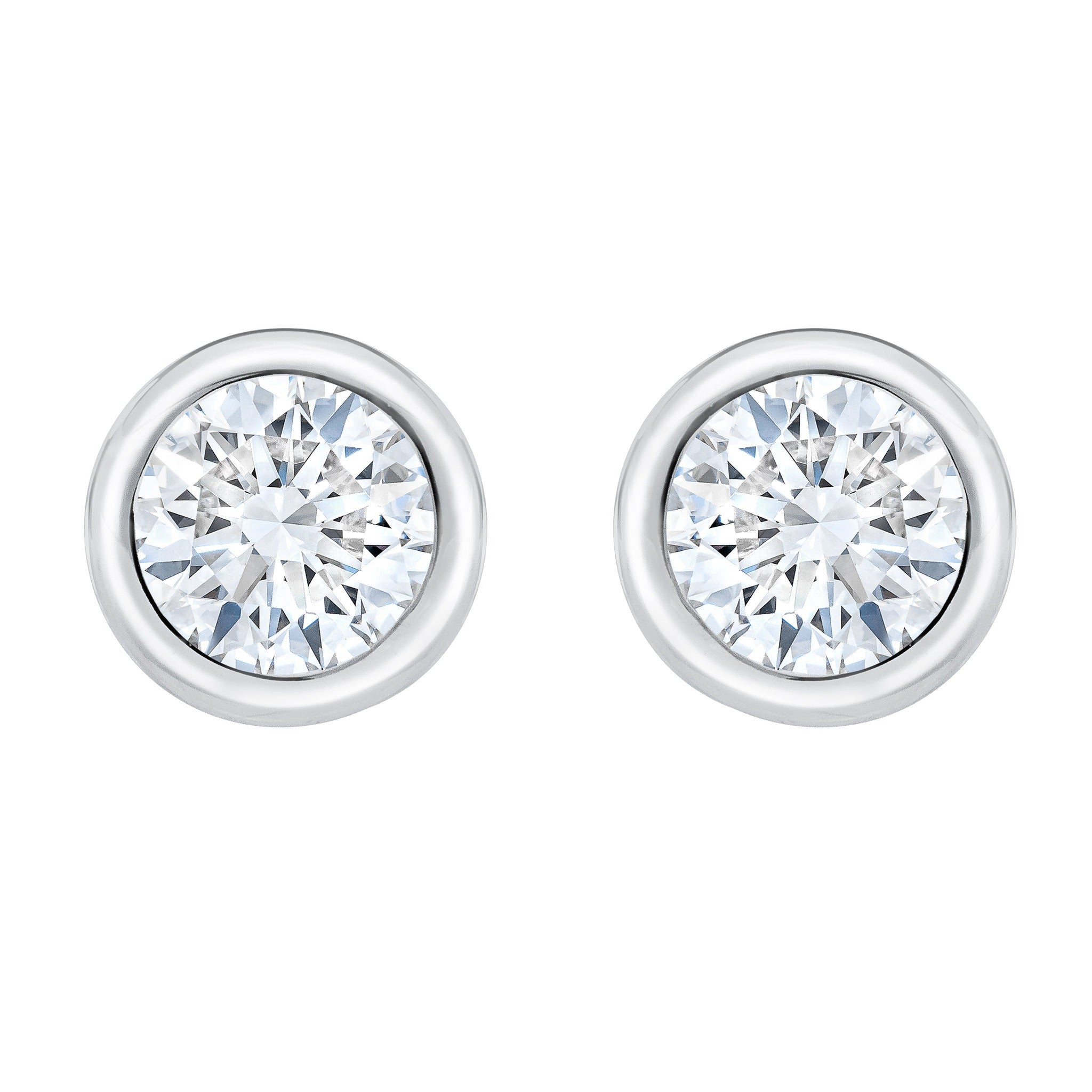Isaac Westman bezel set diamond stud earrings with round diamonds and sleek metal setting, front view showing elegant design