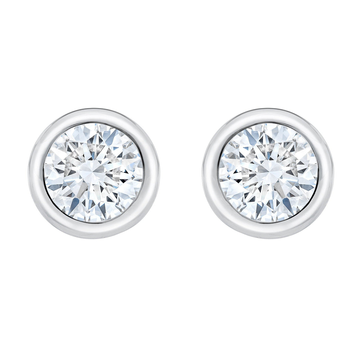 Isaac Westman bezel set diamond stud earrings with round diamonds and sleek metal setting, front view showing elegant design