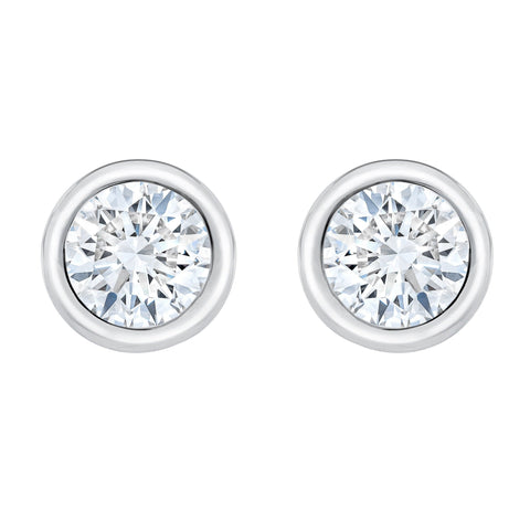 Isaac Westman bezel set diamond stud earrings with round diamonds and sleek metal setting, front view showing elegant design
