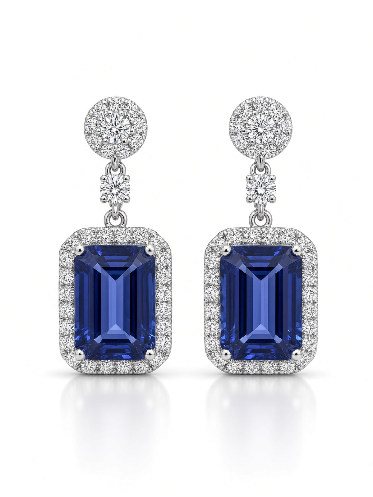 ISAAC WESTMAN emerald-cut tanzanite and diamond halo drop earrings in 18K white gold, front view