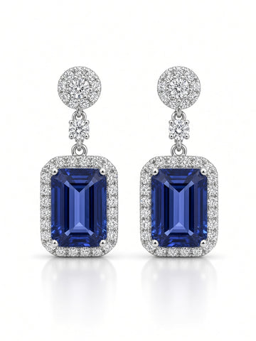 ISAAC WESTMAN emerald-cut tanzanite and diamond halo drop earrings in 18K white gold, front view