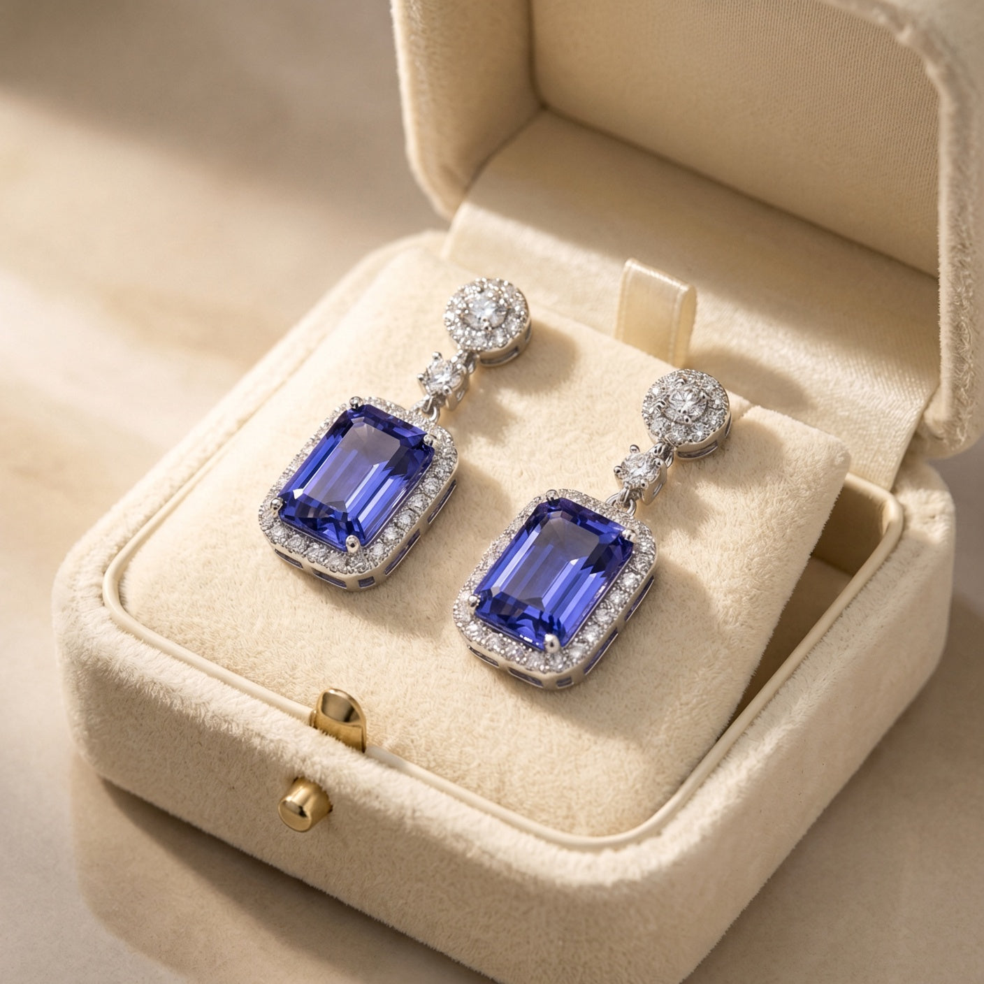 Emerald-cut tanzanite and diamond drop earrings presented in a cream velvet gift box