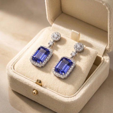 Emerald-cut tanzanite and diamond drop earrings presented in a cream velvet gift box