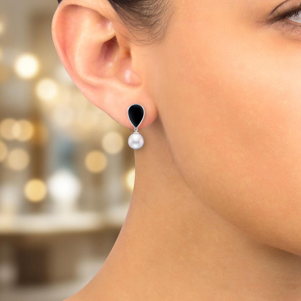 14K white gold black onyx and pearl dangle earrings by ISAAC WESTMAN featuring elegant gemstone accents.