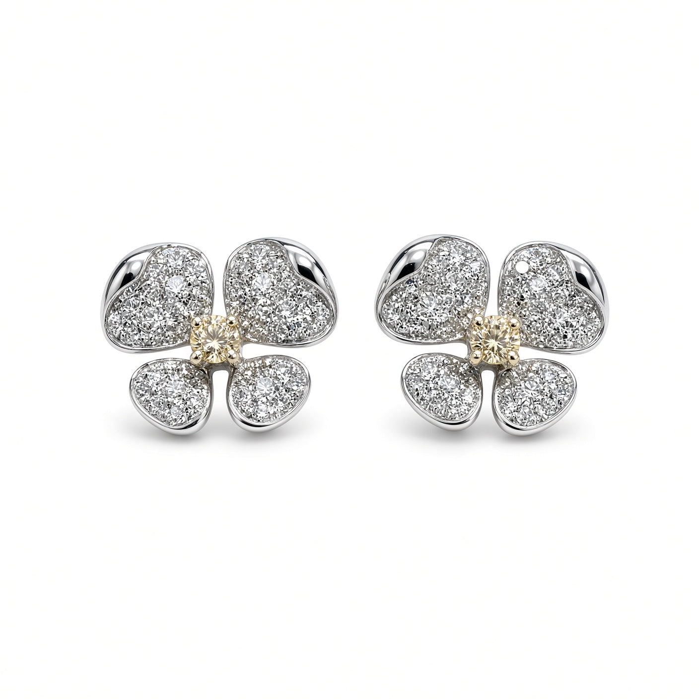 ISAAC WESTMAN yellow and white diamond flower stud earrings in 18K white and yellow gold, front view