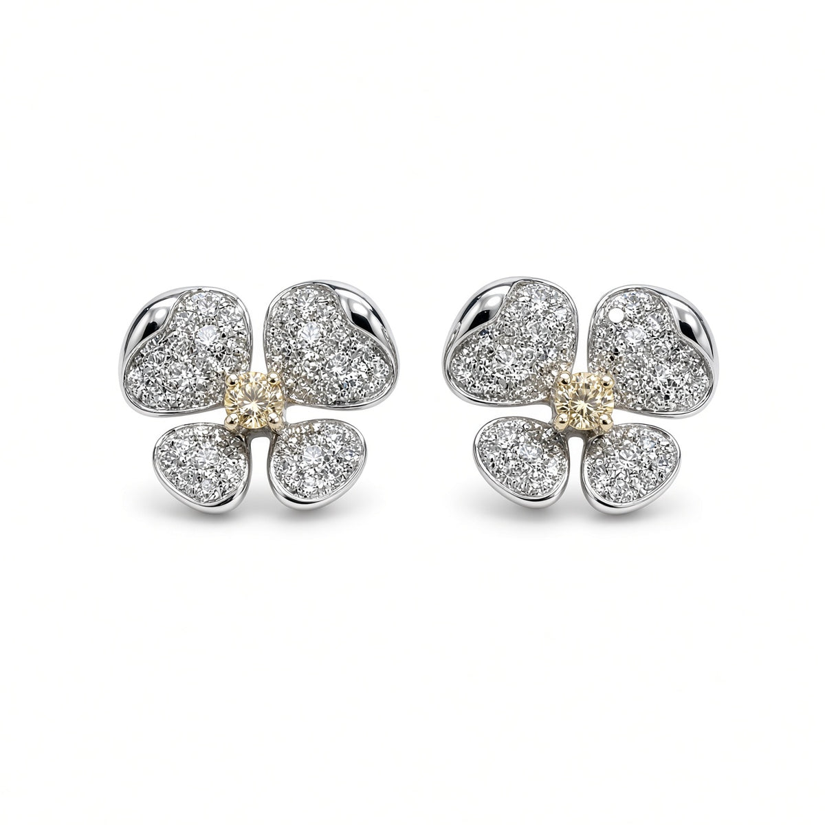 ISAAC WESTMAN yellow and white diamond flower stud earrings in 18K white and yellow gold, front view