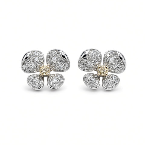 ISAAC WESTMAN yellow and white diamond flower stud earrings in 18K white and yellow gold, front view
