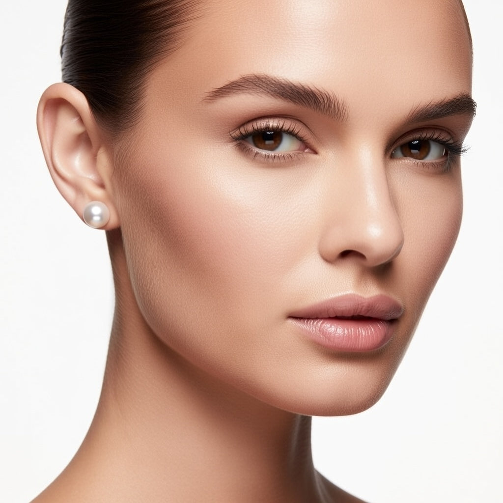 Freshwater pearl stud earrings by ISAAC WESTMAN® with secure screw-back closures worn on a model.