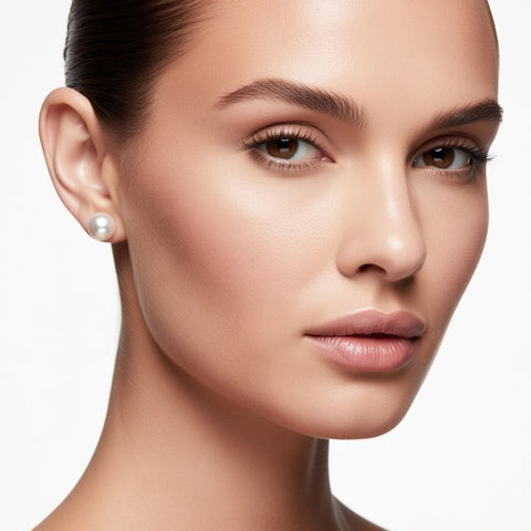 Freshwater pearl stud earrings by ISAAC WESTMAN® with secure screw-back closures worn on a model.