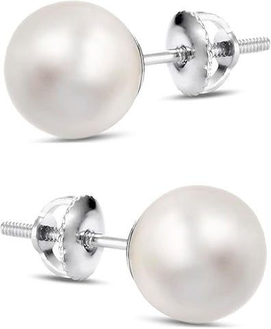 Pair of pearl stud earrings with 14k white gold posts on a white background | ISAAC WESTMAN®
