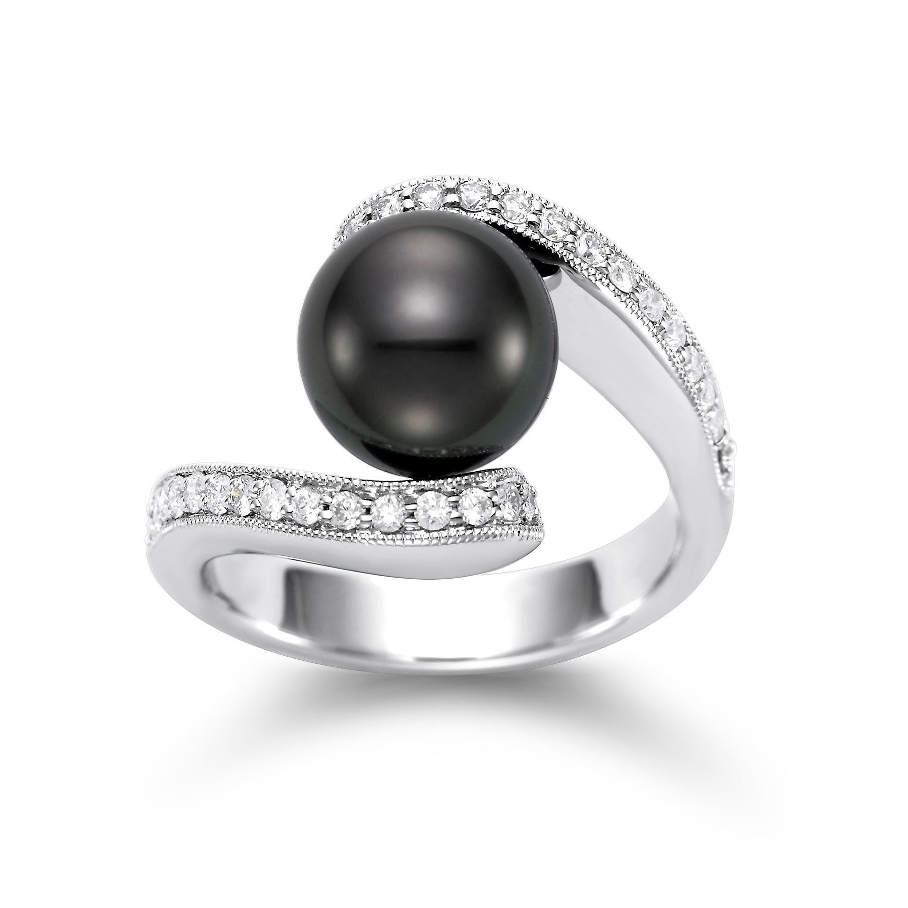 A 14K white gold ring featuring a large Tahitian pearl with smaller diamonds set along the band.