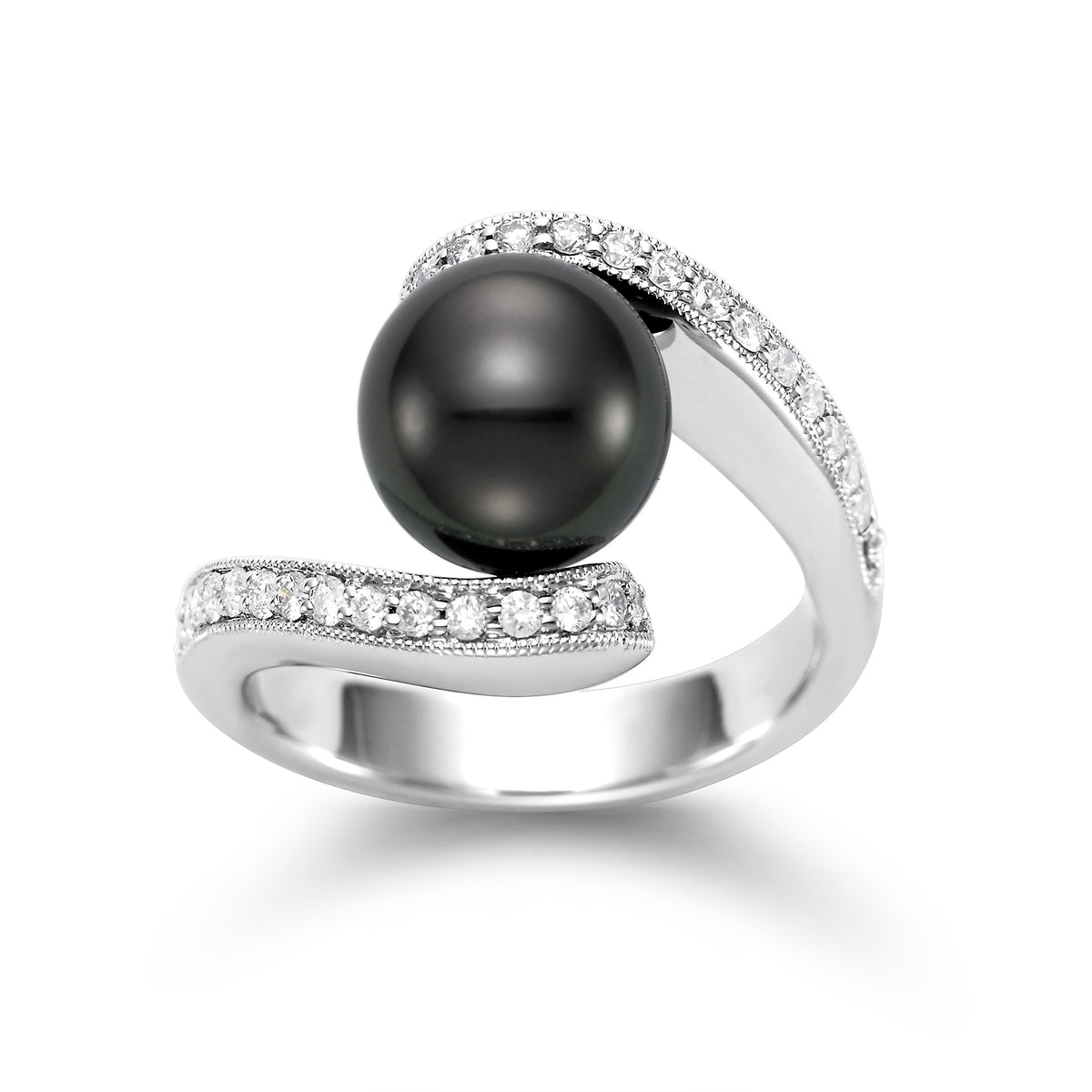 A 14K white gold ring featuring a large Tahitian pearl with smaller diamonds set along the band.