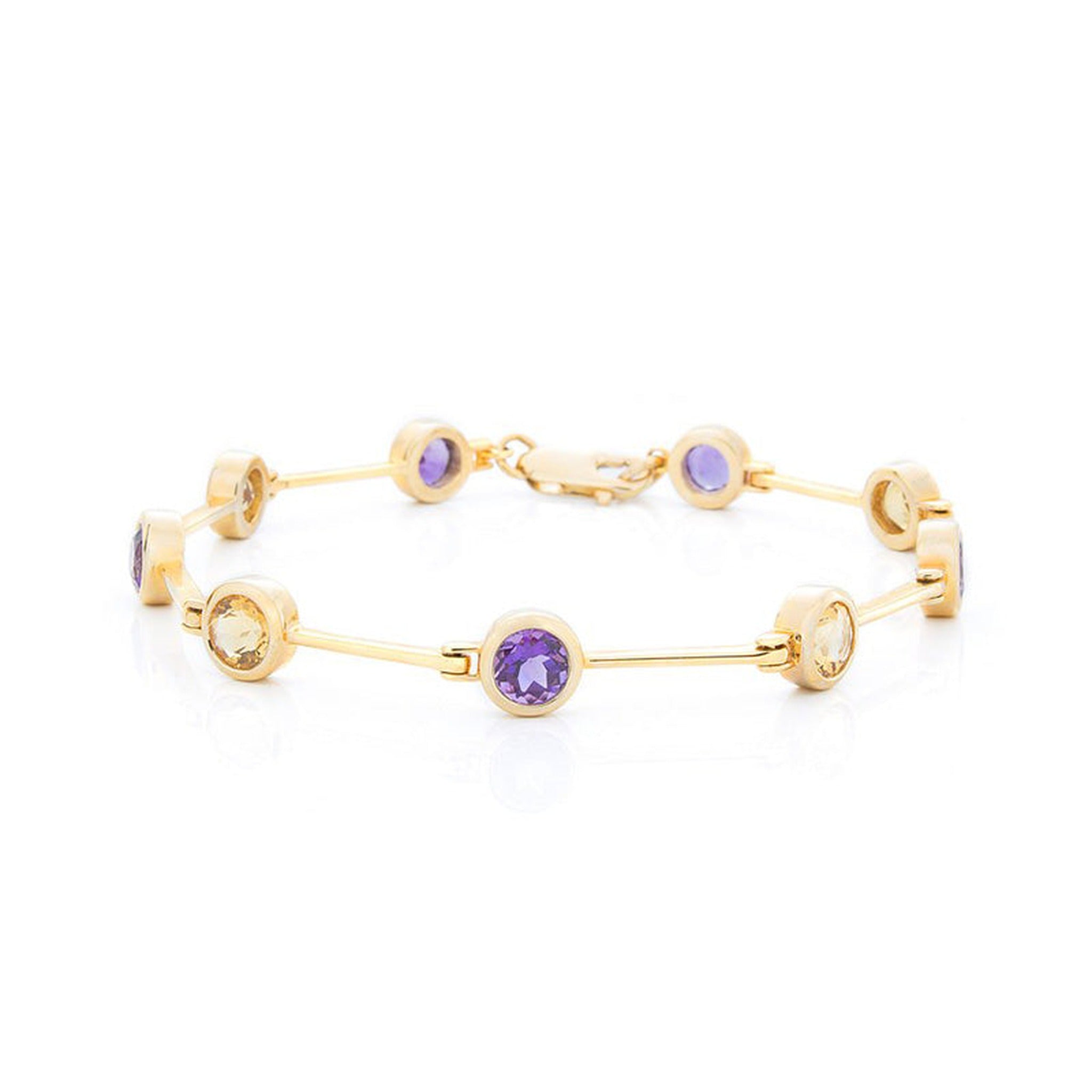 Amethyst and citrine gold bracelet by ISAAC WESTMAN® featuring purple amethyst and yellow citrine gemstones on a 14K gold band.