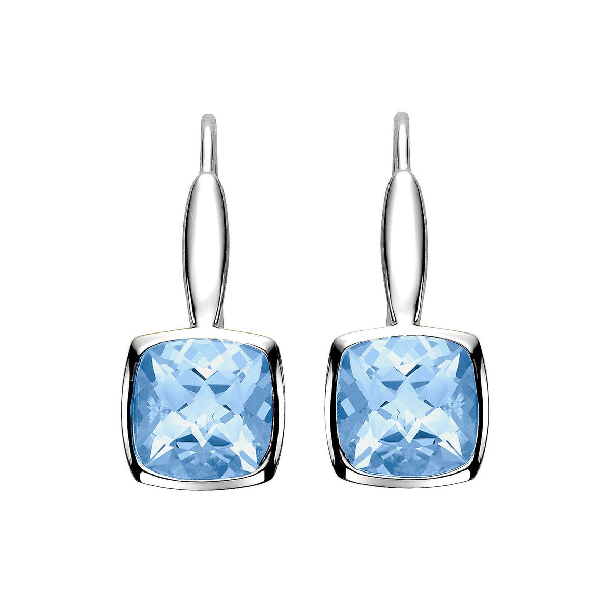 Bezel set blue topaz earrings by Isaac Westman featuring oval-cut blue topaz gemstones in silver settings.