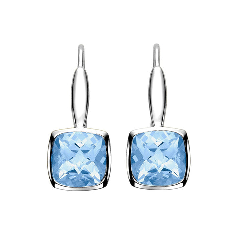 Bezel set blue topaz earrings by Isaac Westman featuring oval-cut blue topaz gemstones in silver settings.