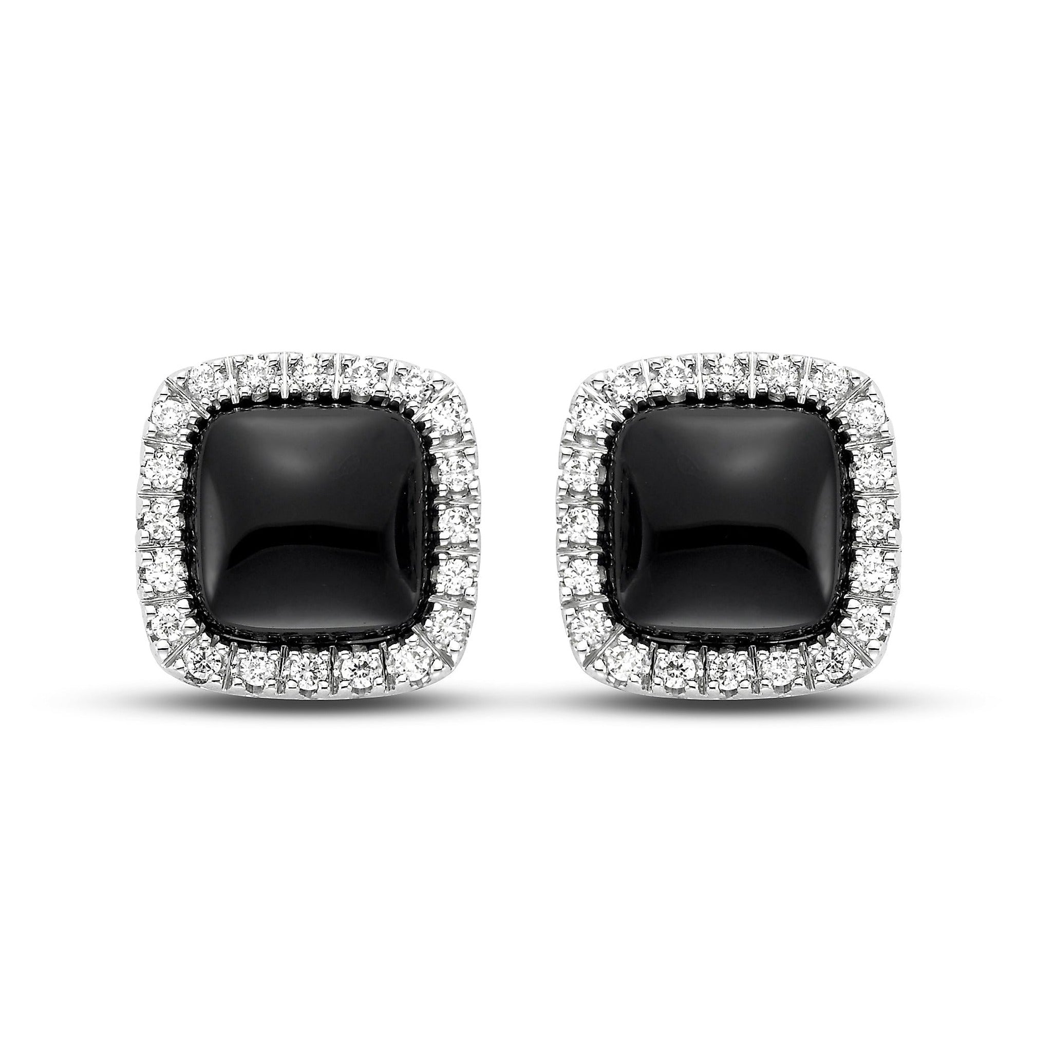 Black Onyx and diamond halo earrings by ISAAC WESTMAN featuring elegant black stones and sparkling diamond accents.
