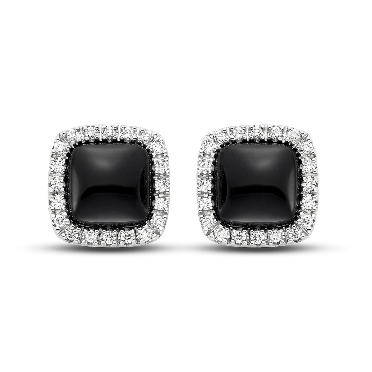 Black Onyx and diamond halo earrings by ISAAC WESTMAN featuring elegant black stones and sparkling diamond accents.